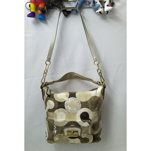 Coach Kristin Signature Siquin Canvas Leather Buckle Zipper Hobo Shoulder Bag